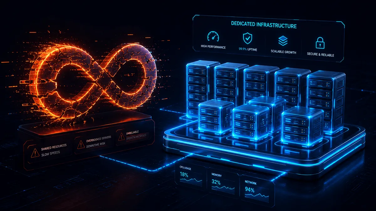 Visual representation contrasting unlimited hosting myths with dedicated infrastructure benefits, highlighting performance and reliability.