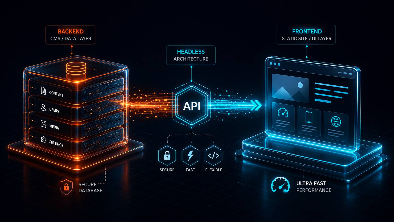 Visual representation of a headless architecture showing backend data layers and frontend UI connected via an API.