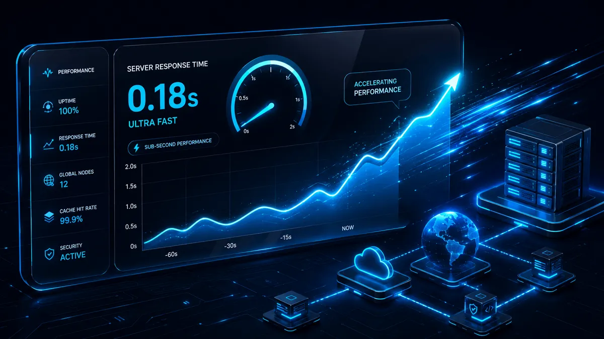 Server response time dashboard showing 0.18 seconds, highlighting ultra-fast performance and key metrics for website speed.